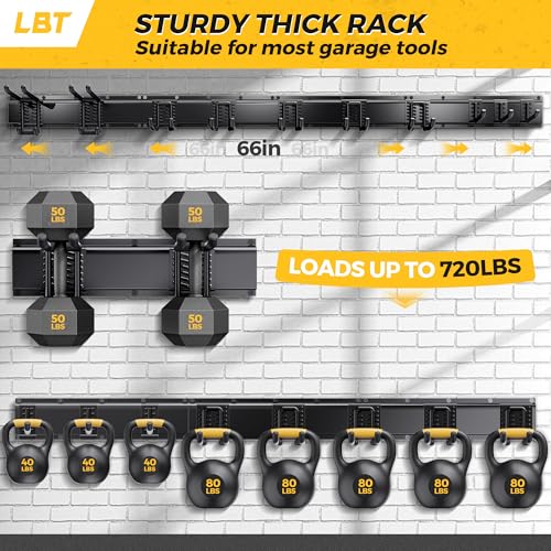 LBT 66" Garage Tool Organizer Wall Mount - 720lbs Garden Tool Organizer with Adjustable Hooks, Heavy Duty Metal Garage Storage Rack, Anti-Rust Shed Rack Holder Hanging Rake Broom Mower Snowboard - Image 4
