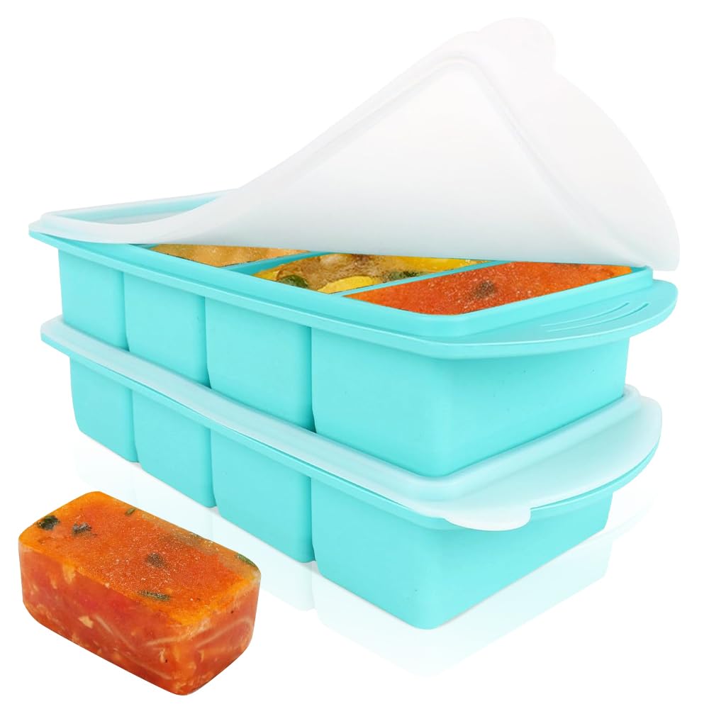 Rnpkz Blue Soup Cube Silicone Freezer Tray 1000Ml, 2 Pack Silicone Freezing Tray With Lid, Soup Freezer Containers For Storing Food Soups, Sauces And Meal Prep, 4-Compartment, Bpa-Free, Rectangular (Blue)