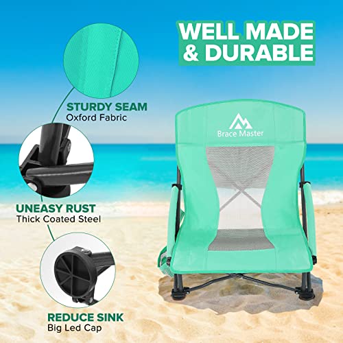 Brace Master Beach Chair Camping Chair,Low Back Sand Chairs,Foldable Mesh Back Design With Cup Holder & Cooler & Phone Bag,For Camping,Beach,Picnic（Green 1 Pack） #TOP2