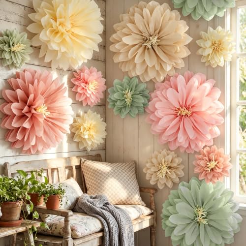 Image of Watersay 12 Pcs 10 inch 20 inch Large Tissue Paper Flowers, Sage Green Cream Pink