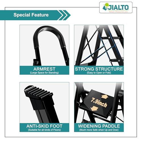 Image of Jialto Premium Matte Black 5 Step Ladder | Foldable Ladder for Home with Built-in Tool Tray | Secure Lock & Wide Rubber Feet | Heavy Duty Home Step Ladder (150kg Capacity)