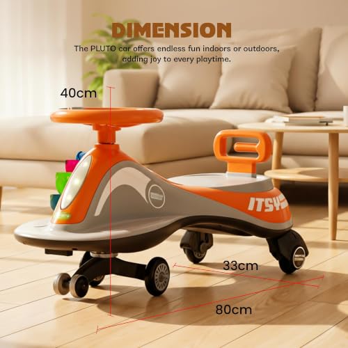 Image of Baybee Pluto Kids Swing Car | Twister Ride on Toy Car with LED Lights, Built-in Music & Scratch Resistant PP Wheels | Push Ride on Toy Kid Car | Magic Push Car for Boys & Girls 3-8 Years (Orange)