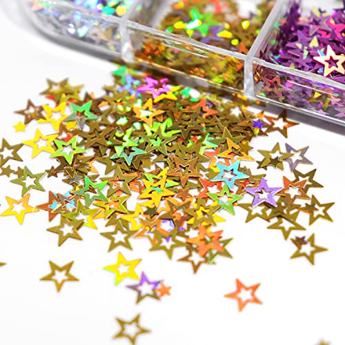 12 Colors Star Nail Art Glitter Sequins, 3D Five-Pointed Star Nail Flakes Designs, Holographic Laser Hollow Star Nail Art Supplies For Women Girls Manicure Sparkle Decorations, Diy Body Makeup Crafts #TOP1