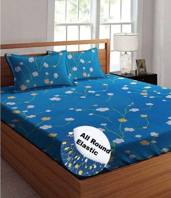 BSB HOME Premium 100% Microfiber Striped Elastic Fitted Bedsheets with 1 King Size Pillow Covers|Double|Queen Bed with All Around Elastic 180 TC Supersoft|Size - 78 X 72+10 inches|Blue & White Leaf