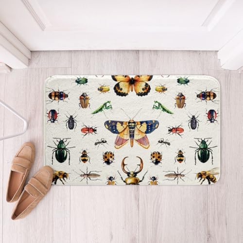 Insect Reptile Animal Kids Bath Mat,Butterfly Dragonfly Bee Ladybug Mats Rugs,Girl Boy Room Decor,Dung Beetle Rustic Nature Bathroom Carpets,White Colorful Bath Rug,Absorbent Floor Mats,20Wx32L Inches