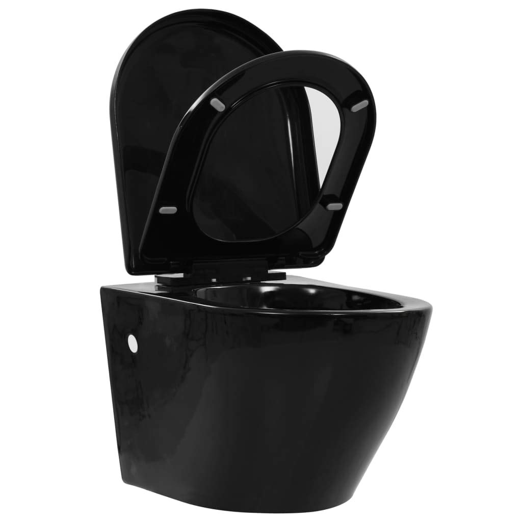 Inodoro colgante con cisterna empotrada, inodoro de cerámica negra sin borde, asiento de cierre suave, montaje en pared, ahorro de agua, con kit de montaje y descenso automático para baño y