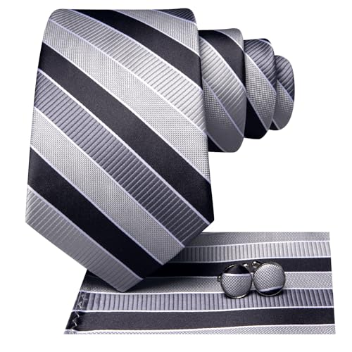 Image of Hi-Tie Paisley Floral Ties Set for Men Silk Mens Stripes Necktie Pocket Square Cufflinks Set Formal Business
