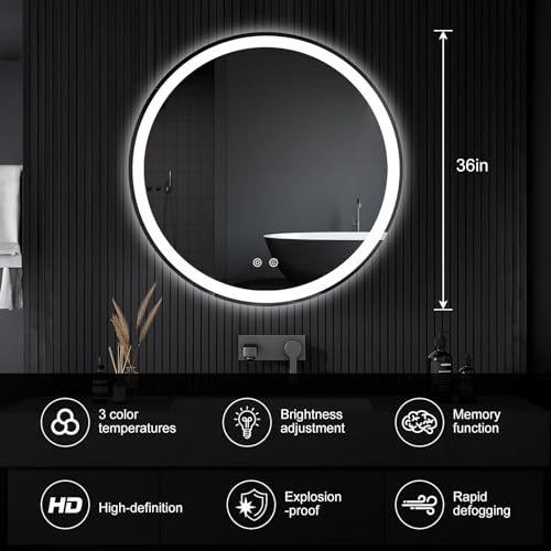 Image of NEWBULIG 36 Inch Round LED Bathroom Wall Mirror with Lights, Light up Vanity Bathroom Mirror for Over Sink, Anti-Fog and Dimmable, Front Light and Backlit, Memory Function, Shatter-Proof, White