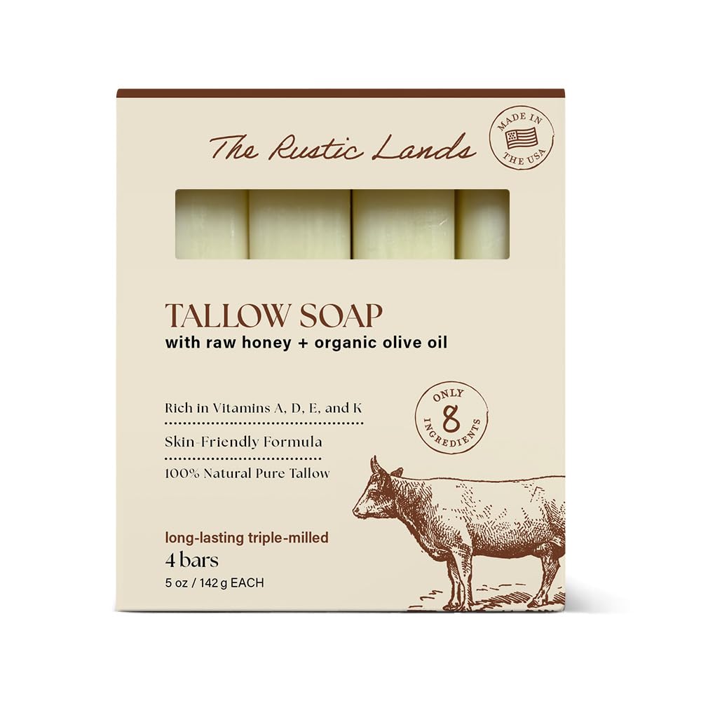 THE RUSTIC LANDS Natural Tallow Soap Bars Set of 4 - Grass Fed Beef Tallow with Raw Honey