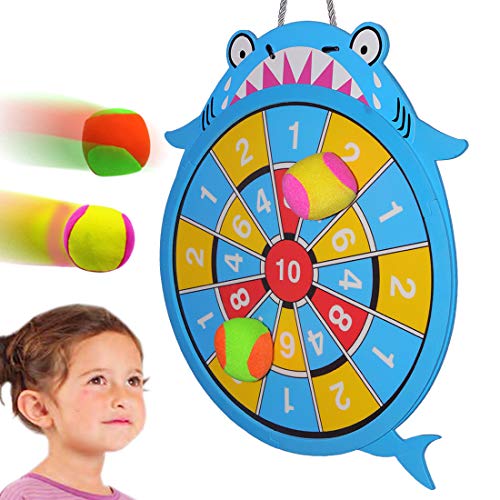 WEY&FLY Sticky Darts Board Set, Novelty Fabric Shark Dart Board Double-Sided Ball Board Game with 4 Soft Balls Safe for Kids Fun for Adults (Blue)