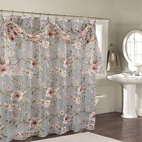 BH Home & Linen Decorative Sheer Scarf Shower Curtain with Floral Designs 70" x 72 Inch Made of 100% Polyester. (Melarose Pink)
