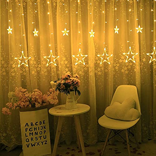 Image of 12 Stars LED Diwali Lights Curtain String Lights Window Curtain Led Lights for Decoration with 8 Flashing for Christmas, Wedding, Party, Home, Patio Lawn (Warm White)