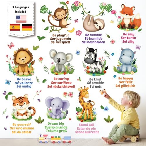 DECOWALL DS12-8074 Baby Animals and Quote Wall Stickers Decals Kids Education Includes Sheets in English, German, and Spanish Baby Nursery boy décor Room Safari Monkey Jungle playroom Living Bedroom