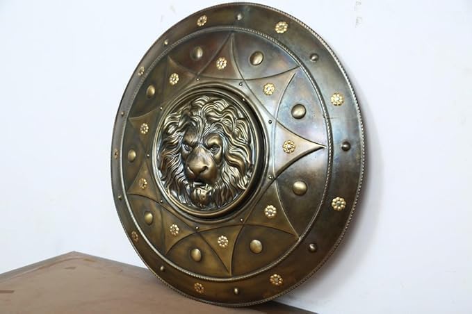 Medieval Spartan Bronze Lion Shield – 22" Decorative Round Shield | Handcrafted Cosplay & LARP Shield | Wall Display Knight Armor