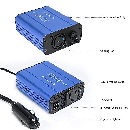 150W Car Power Inverter Dc 12V To 110V Ac Converter 4.2A Dual Usb Ports Car Charger Adapter Blue #TOP5