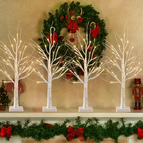 4-Pack 2FT Lighted Birch Tree for Christmas Decor with Timer, Birch Christmas Tree with 24 LED Warm...