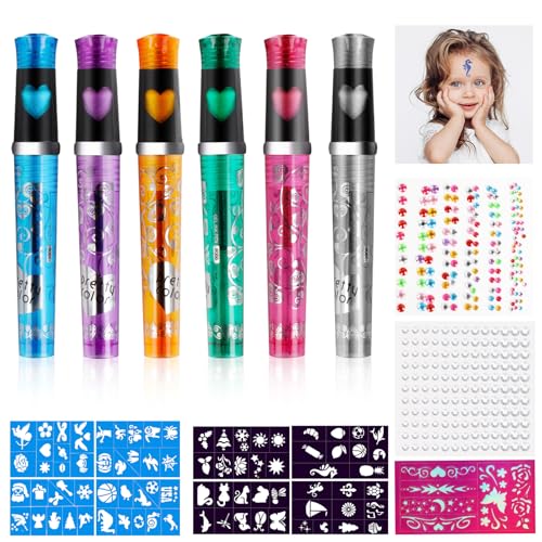 Tattoo Stifte Kinder, 17 Stück Glitzer Temporäre tattoo set kinder für Skin, 6 Stück Wasserfest Glitzer Tattoo Stift Pen, mit 4 Blatt Edelsteinaufklebern, 5 Schablonen für Erwachsene Geburtstage Party