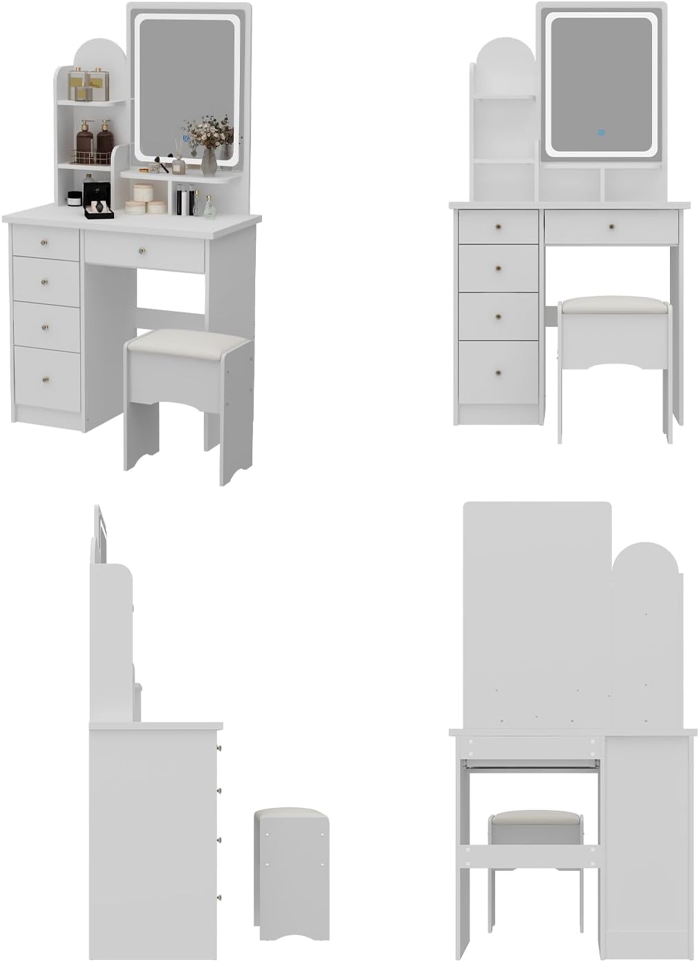 Make up Vanity Desk with Mirror and Lights,Vanity Set with Chair,Storage Drawers,Shelves & Cushion Stool,Makeup Dressing Table with Lighted Mirror for Bedroom,Dressing Room,White