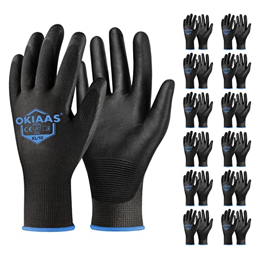 Okiaas Work Gloves For Men，Ultra Thin And Lightweight Working Gloves With Grip, 12 Pairs Bulk Pack Construction Gloves With Polyurethane Coating, Safety Gloves For Light Duty Work (Black, X-Large) #TOP8