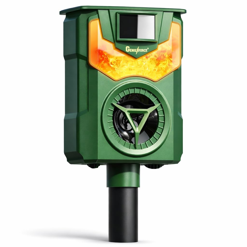 Genieforce Combat+ inteligentne światło płomieniowe, ultradźwiękowy odstraszacz zwierząt, odstraszacz zwierząt, koty, psy, kuny, lisy, ptaki, gryzonie, wodoszczelny, solarny, inteligentne czujniki PIR