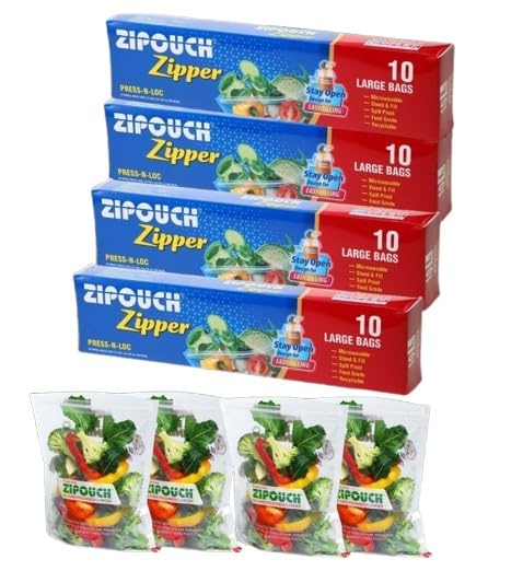 Zip Lock Bag with Zipper | Pack of 4 (40 Large, 32×48 cm) | Ziplock Bag for Fridge Storage & Travel Packing | Microwave & Freezer Safe Zip Lock Covers & Zipper Pouch for Food Storage & Kitchen