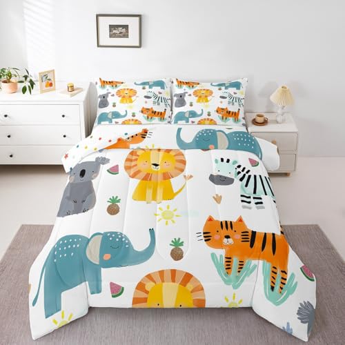Image of Feelyou Kids Cartoon Lions Comforter Set Full Size, Zoo Animal Bedding Set Elephant Comforter for Kids Boys Girls Kawaii Duvet Insert Room Decor Microfiber Bed Set