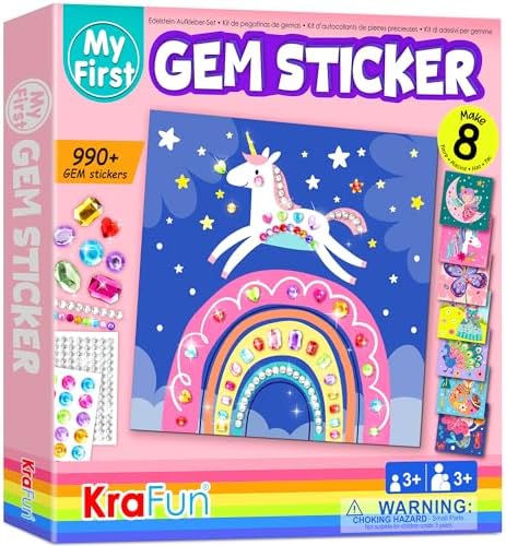 KRAFUN My First Gem Sticker Kit, 8 No Mess Art for Kids, DIY Gem Creative Activity, Easter Gifts for Toddlers Girls & Boys Ages 3-6, Travel Toys, 990 Pieces Animal Unicorn Craft Kits & Supplies