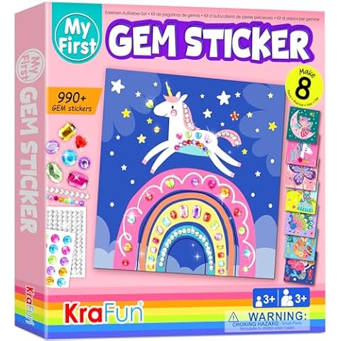 KRAFUN My First Gem Sticker Kit, 8 No Mess Art for Kids, DIY Gem Creative Activity, Easter Gifts for Toddlers Girls & Boys Ages 3-6, Travel Toys, 990 Pieces Animal Unicorn Craft Kits & Supplies Cover
