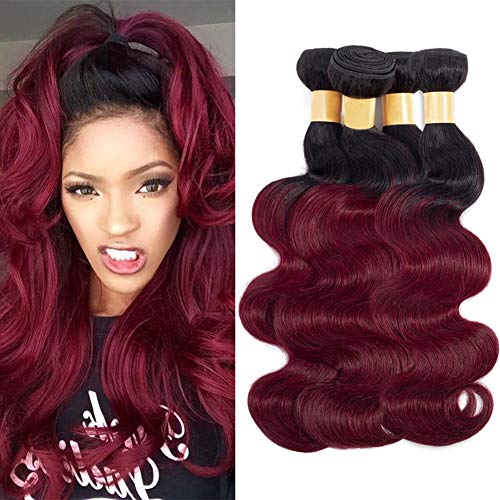 Black Rose Hair Two Tone Ombre Hair Extensions Weaves 7A Peruvian Virgin Hair Body Wave Human Hair 4 Bundles 1B/99J Black+Burgundy 100g4pcs (22" 22" 24" 24")