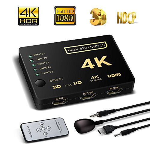 HDMI Switch 5X1, Support HDCP 1080p 5 in 1 Out HDMI Switcher 4K Intelligent 5 Port 4K HDMI Auto Switcher Box Audio/Video Switcher Adapter Compatible with 4K Ultra HD Resolution for PC Xbox(5 in 1 Out)