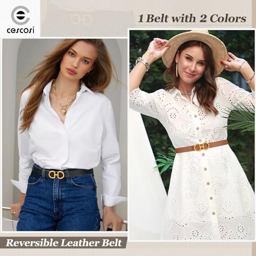 CESCOSI Women Skinny Reversible Leather Belt for Jeans Pants Gold Buckle Thin Ladies Fashion Belt3