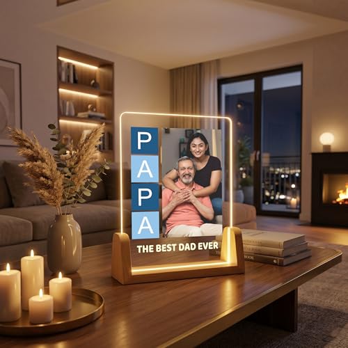Image of Giftplease Rectangular Tabletop Acrylic LED Photo Frame for Papa | Personalized Wooden Night Lamp with Custom Picture | Fathers Day Dad Birthday Family Memory Decor Light for Bedroom Office Desk