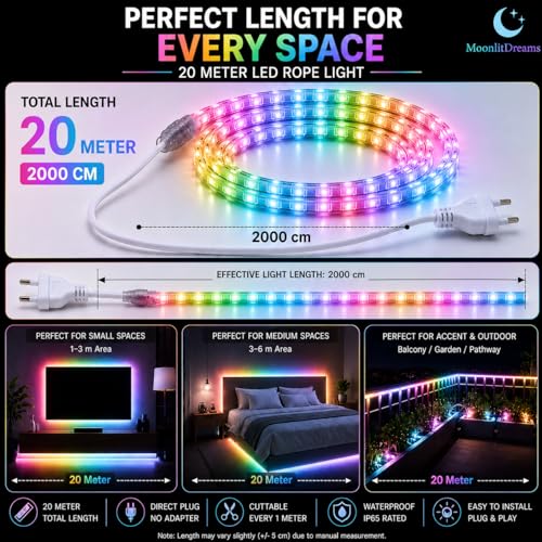 Image of MoonlitDreams 20M LED Rope Light Waterproof Strip Light | Multi Flexible Cove Light for False Ceiling, Balcony, Bedroom, & Indoor Outdoor Decoration | Plug & Play Decorative Light