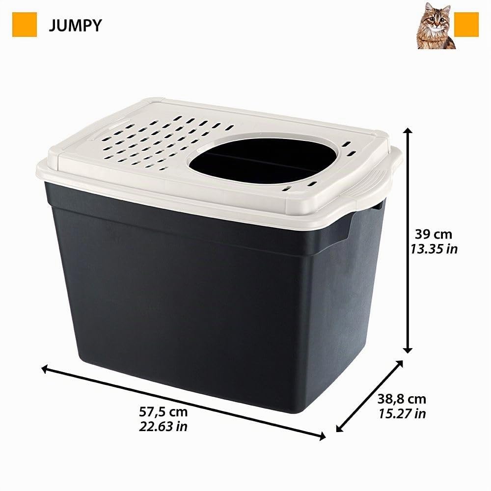 Ferplast Arenero Gatos Cubierto, Arenero Gato, con Entrada Superior, Tapa Perforada, 38,8 x 57,5 x h 39 cm, Caja de Arena para Gatos Grande Jumpy, Negro