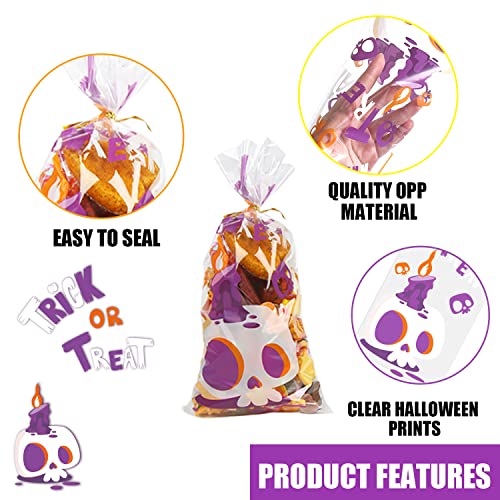 FOIMAS Halloween Cellophane Treat Bags, 120pcs Cello Candy Bags With Twisted Ties for Trick Or Treat Party Favor Supply, Purple