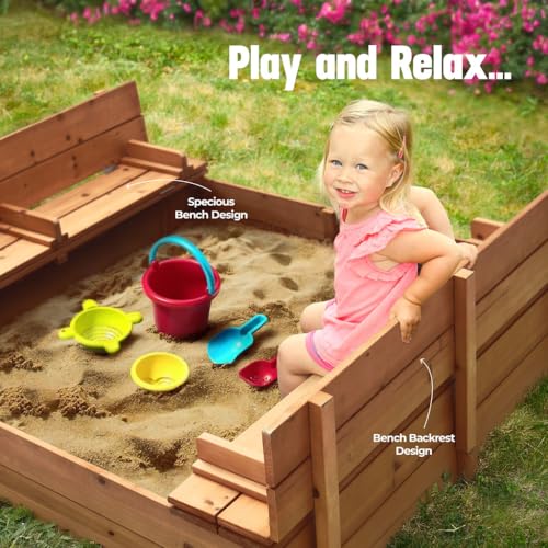 Large Wooden Kids Sandbox with Lid – Outdoor Sand Box for Kids with Cover Sand Protection, Foldable Bench Seats and Bottom Liner