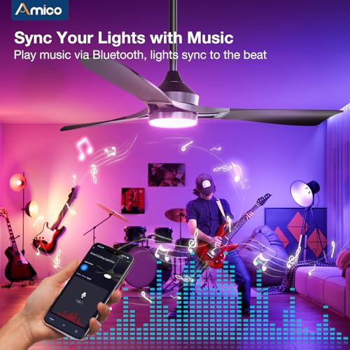 Amico 52 inch Ceiling Fans with Lights, ABS Ceiling Fan with Light and Remote Control, Dimmable, RGB, Quiet, Black Modern Ceiling Fan for Living Room, Farmhouse, Kitchen, Patio, Indoor/Outdoor by Amico - Used condition - Image 7