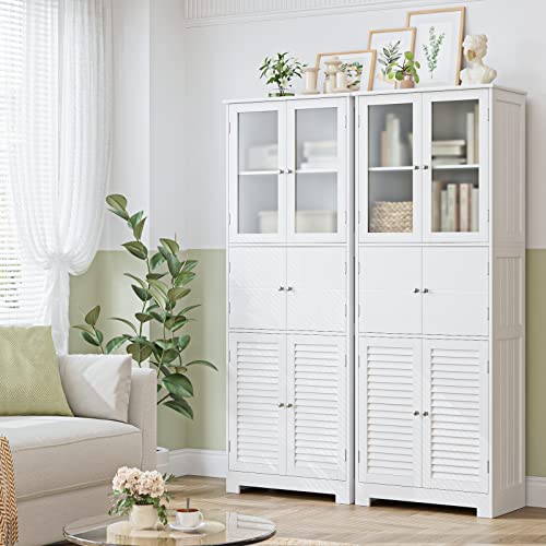 Hostack 67” Tall Bathroom Storage Cabinet, Kitchen Pantry Cabinet With Glass Doors And Shelves, Freestanding Floor Cabinet Cupboard For Bathroom, Living Room, Home Office, White #TOP3