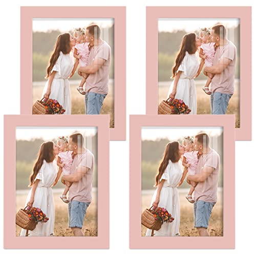 Renditions Gallery Photo Frames 6x8 inch Picture Frame Set of 4 High-end Modern Style, Made of Solid Wood and High Definition Glass Ready for Wall and Tabletop Photo Display, Pink Frame