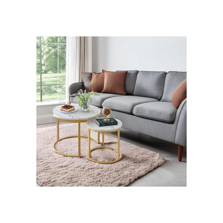 aboxoo Coffee Table Nesting White Set of 2 Side Set Golden Frame Circular Round and Marble Pattern Wooden Tables, Living Room Bedroom Apartment Modern Industrial Simple Nightstand - Image 6