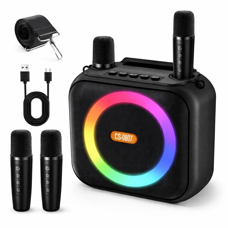 Karaokê Portátil com 2 Microfones Sem Fio e Luz RGB, Caixa de Som Bluetooth para Festa, Diversão Garantida para Crianças, Família e Amigos