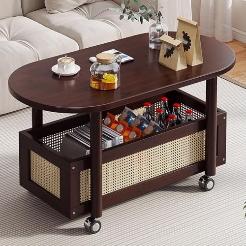 Ovaler Couchtisch mit Stauraum, 2-stöckig, Wohnzimmertisch auf Rollen, perfekt für Tassen, Bücher, Snacks und Zeitschriften, Landhaus-Stil