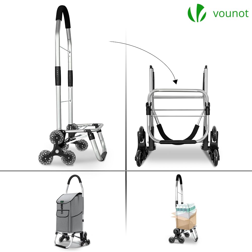 VOUNOT® Chariot de Courses 6 Roues Aluminium Pliable 2 en 1 Sac Escalier Gris 58 L