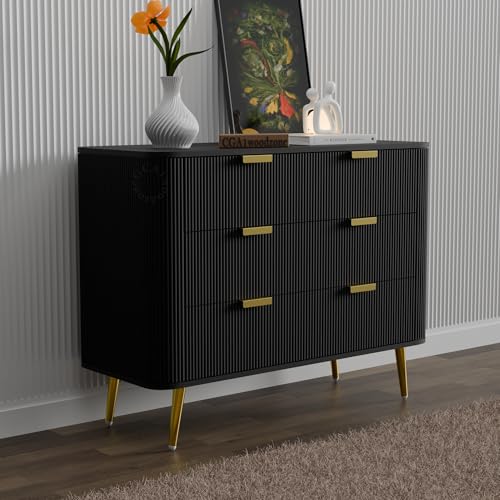Image of Wooden Chest of Drawers | 3 Drawers Dresser Console Cabinet for Bedroom, Living Room, Drawing Room & Office | Multipurpose Storage Sideboard | HDMR Premium Wood & Iron, Black