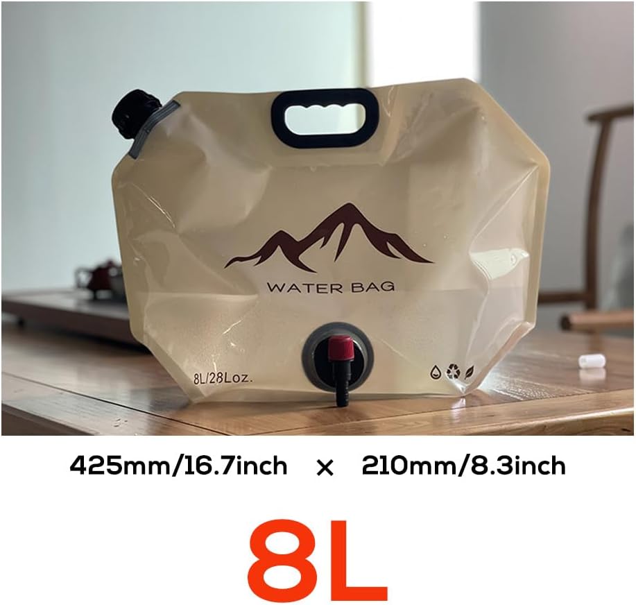 Foldable Water Bag 8L, Portable Water Container for Camping Hiking Sports, Lightweight Gallon Jug with Faucet, BPA-Free & Food Grade (Khaki)