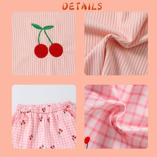 Image of Yoxindax Tween Girls Summer 2-Piece Outfit Set - Crew Neck Short Sleeve T-Cherry Print Shorts 7-14Y Summer Clothes