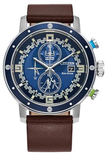 Citizen Men's Eco-Drive Star Wars Luke Skywalker Chronograph Stainless Steel Watch with Brown Leather Strap, Blue Bezel, 44mm (Model: CA0768-07W)
