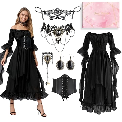 TOSZOLY Vestido medieval para mulher, vestido renascentista com cinto, disfarce de gótico, colares, pulseiras, brincos, vitoriano para carnaval, Halloween, festas de princesas, L