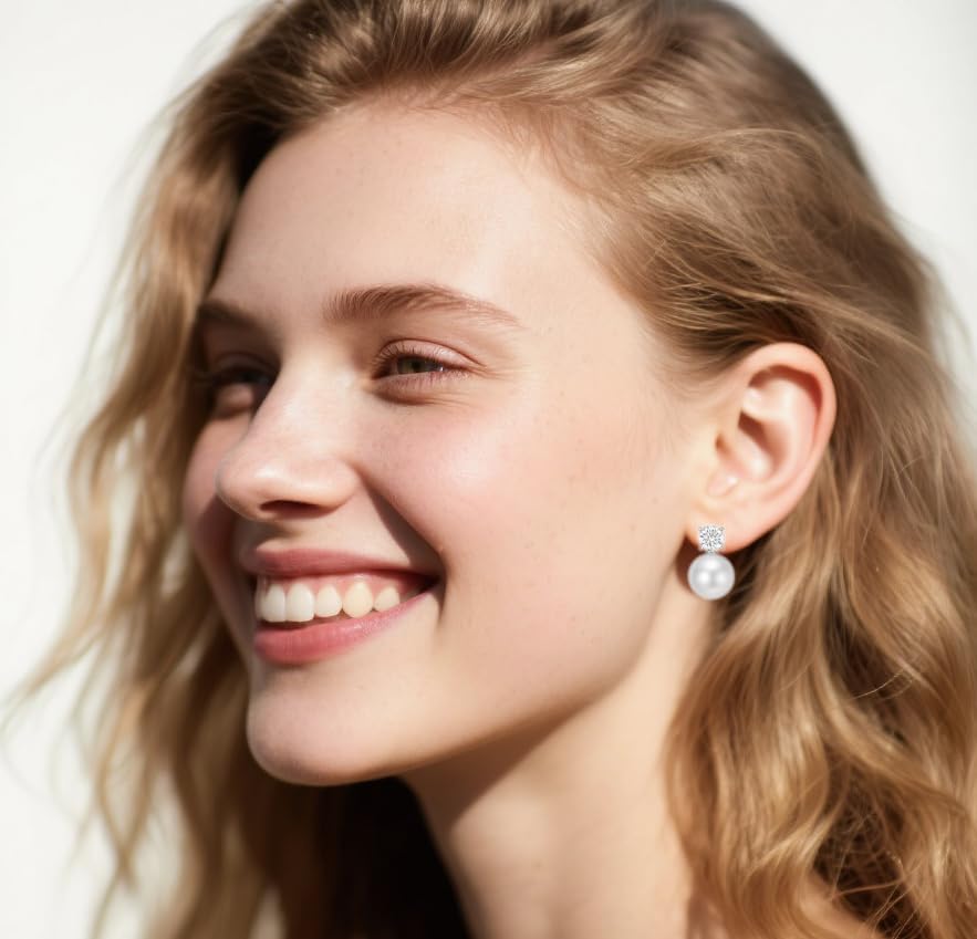 Pearl Clip on Earrings for Women - 14K Gold Silver Plated Cubic Zirconia Non Pierced Ear Clips Jewelry Gifts for Wedding Bridal Party Gifts - Image 3
