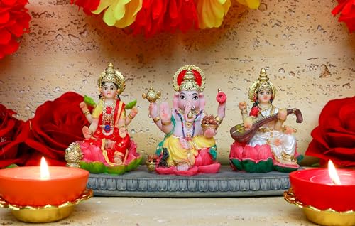 Estatua Hindu Ganesh Lakshmi Saraswati Polystone 3.9" miniatura 6